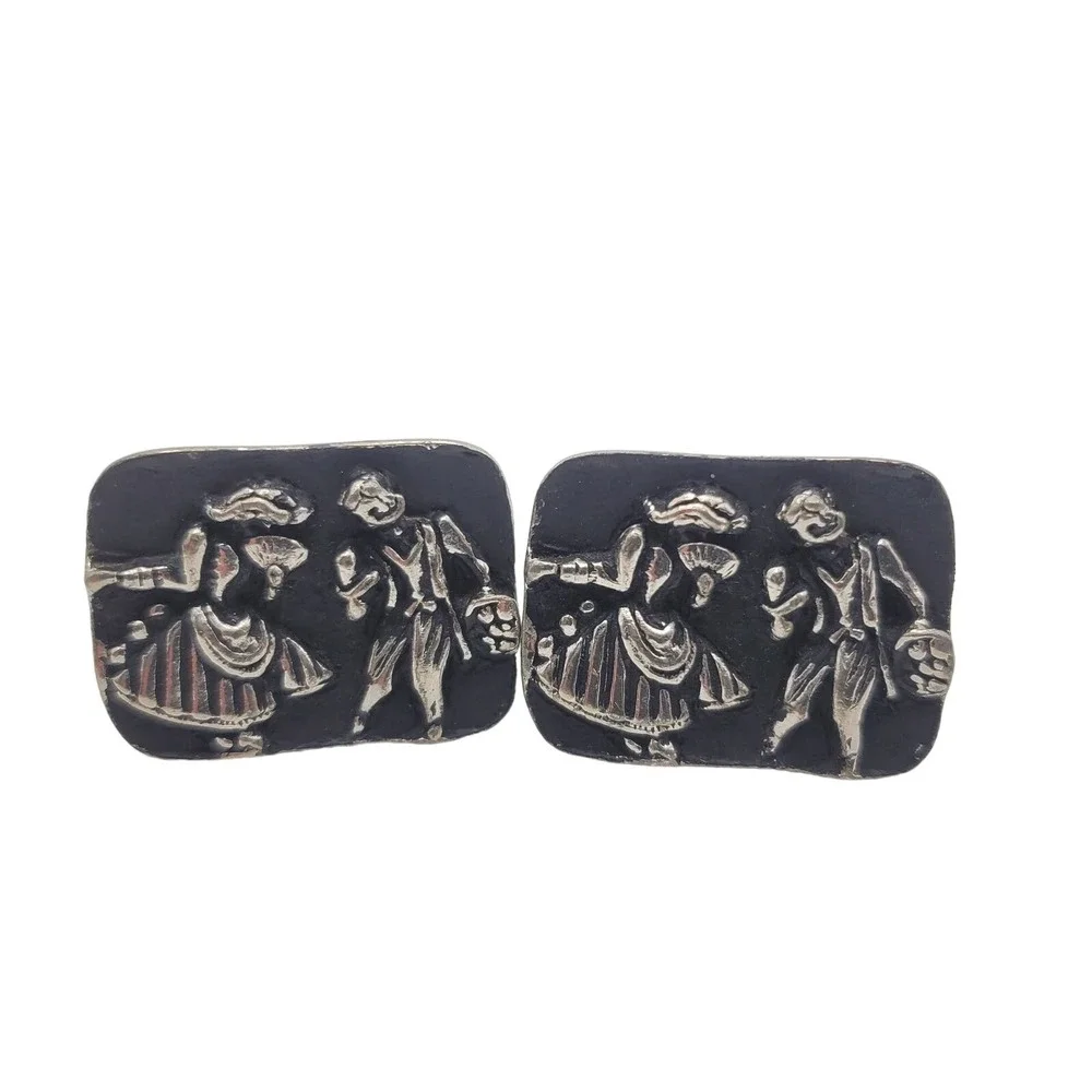 Large Black Enamel Cufflinks Silver Tone Dancing Couple Novelty Mens Deco Dance